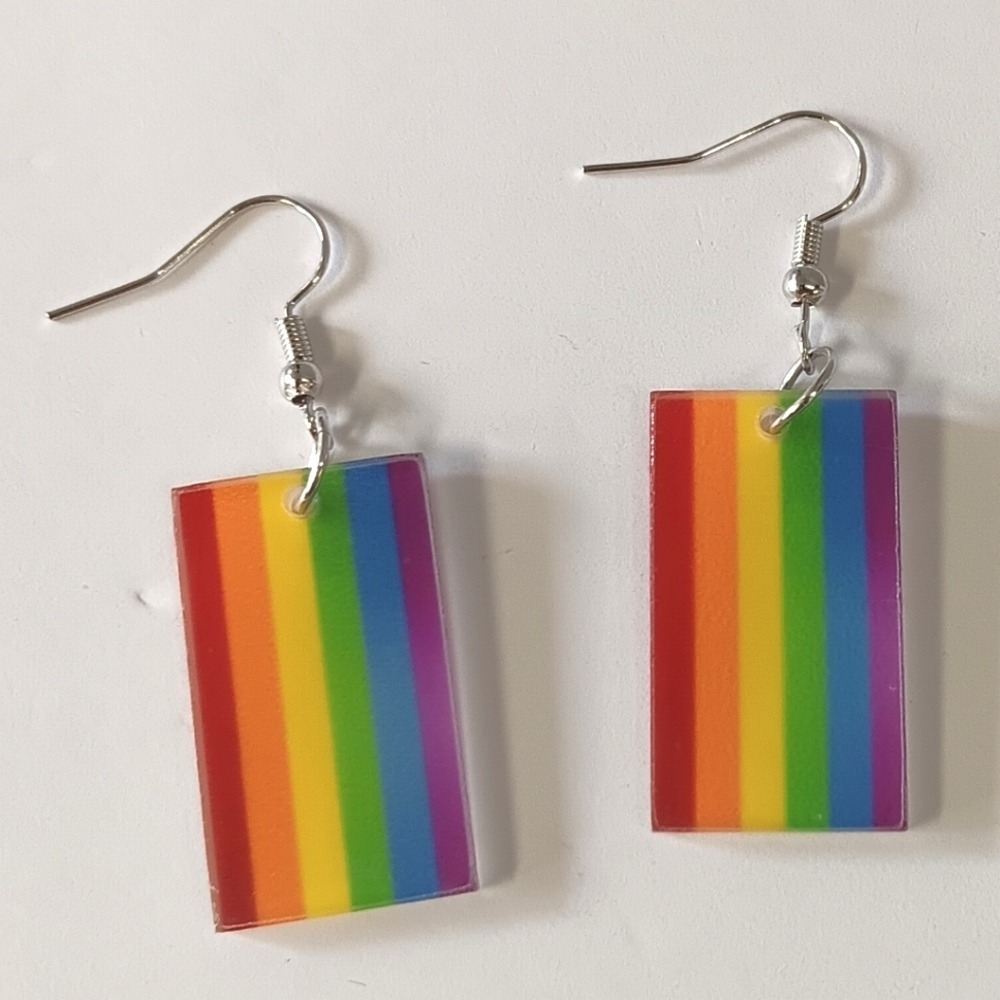 Rainbow Rectangle Dangle Earrings Pride‎ LGBTQ Retro 80s Rainbowcore Geometric